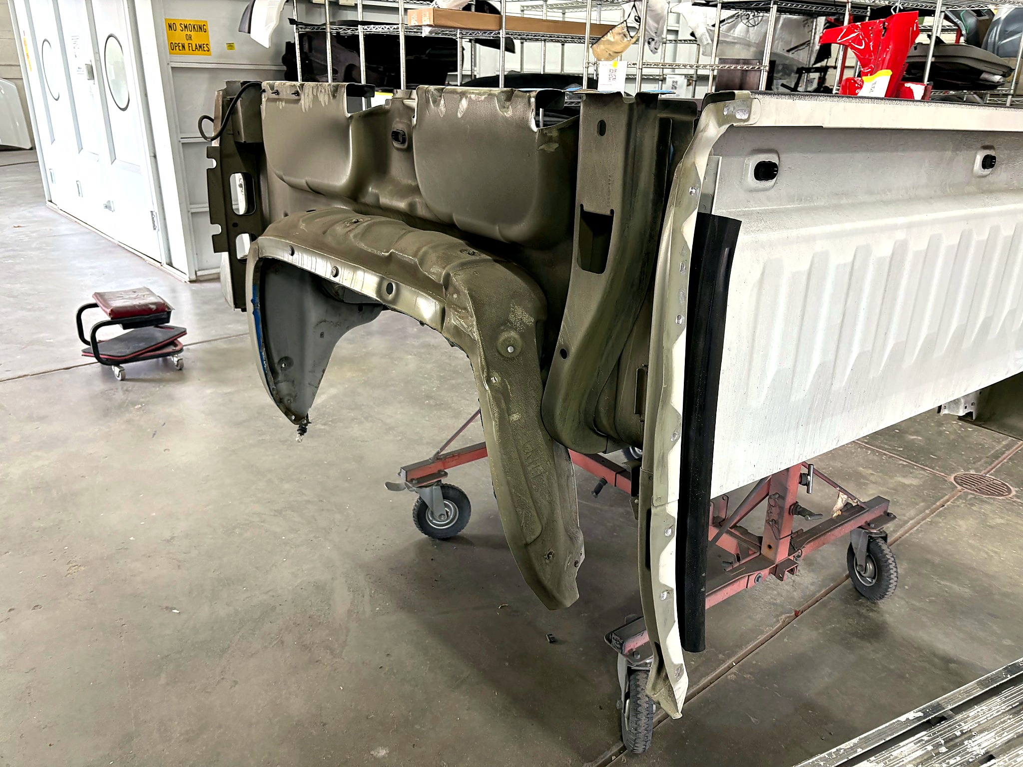 Truck bed body panel repair in progress at Praus Automotive